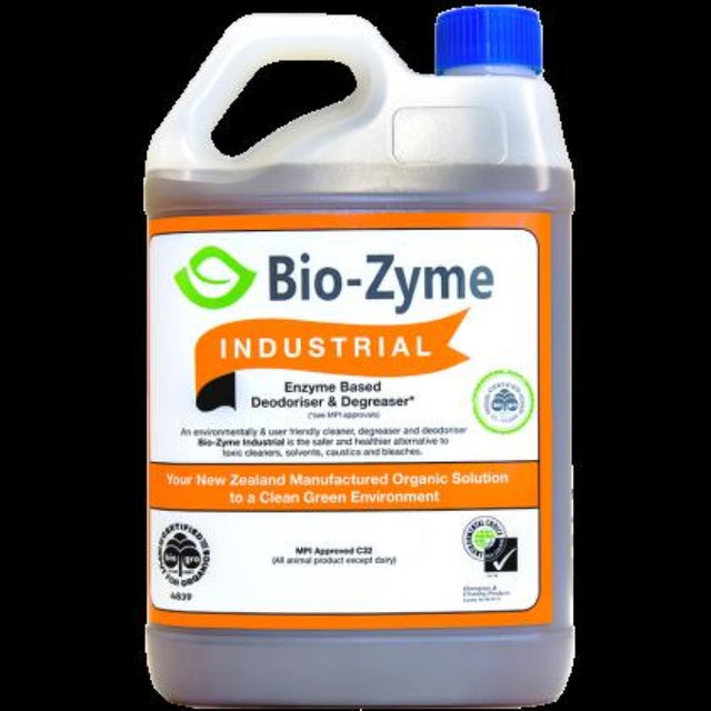 5L bottle of Bio-Zyme Industrial Cleaner, an eco-friendly enzyme degreaser for tough grease and oils in industrial applications.