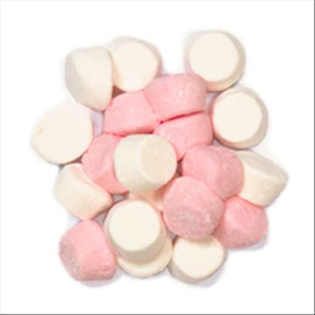 Pink and white gluten-free marshmallows in a rainbow mix, soft and fluffy, perfect for snacks and desserts.