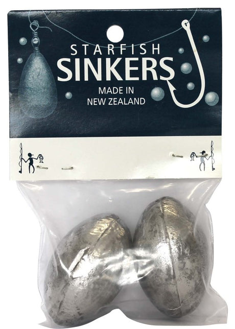 Starfish Egg Sinker Packet with 2 durable 6oz sinkers, ideal for estuary fishing and precise bait presentation.