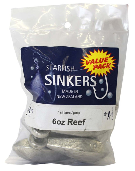 Starfish Reef Sinker Value Pack with 6oz weights, 7 sinkers for versatile, precise fishing in various water conditions.