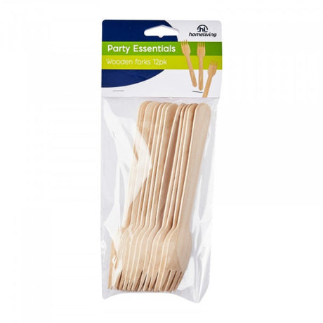 Biodegradable wooden forks in a 12-pack, perfect for eco-friendly dining and stylish parties.