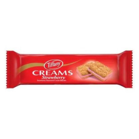 Tiffany Biscuit Strawberry Cream pack featuring crispy biscuits filled with lush strawberry cream, perfect for snacking.