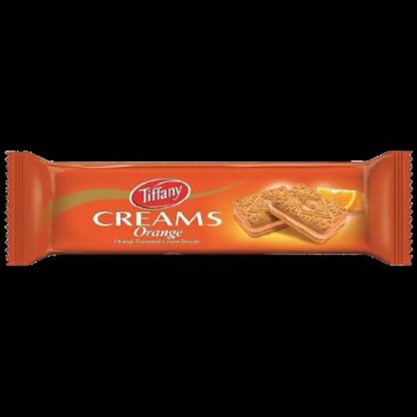 Crispy Tiffany Orange Cream biscuits with zesty orange flavor and creamy filling, perfect for snacking or sharing.