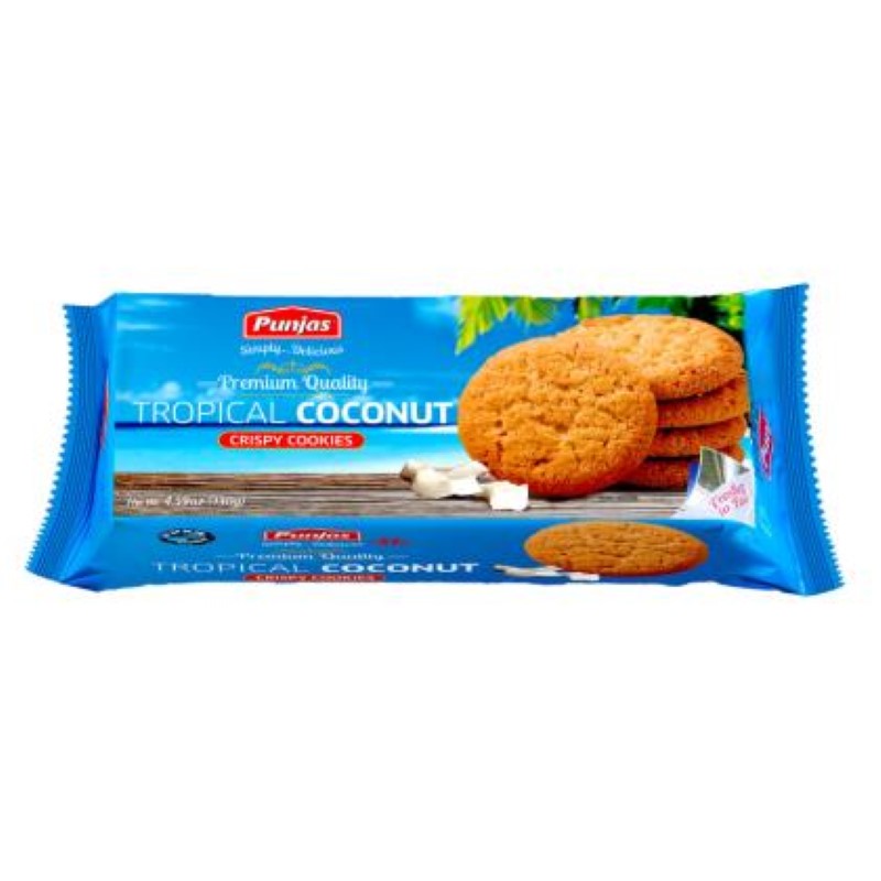 Punjas Coconut Tropical Cookies 130g pack, featuring crunchy, sweet cookies made with real coconut flakes from Fiji.