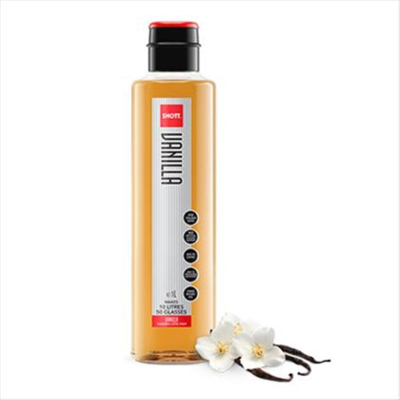 1L bottle of SHOTT Natural Vanilla Syrup featuring rich vanilla flavor for beverages and desserts, made in New Zealand.