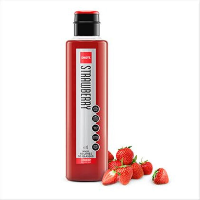 SHOTT Natural Strawberry Syrup in a 1L bottle, made with real strawberries for flavorful drinks and desserts.