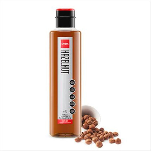 Rich hazelnut syrup from SHOTT in a 1L bottle, perfect for enhancing lattes, mochas, cocktails, and desserts.