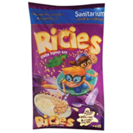 A 460G pack of Ricies breakfast cereal by Sanitarium, featuring light, crispy, oven-popped rice, gluten-free, and nutritious.