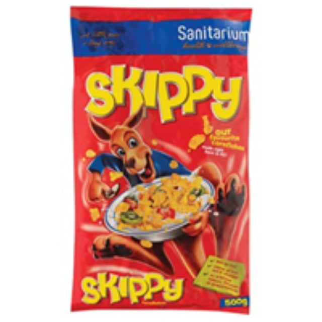 Golden, crunchy Cornflakes Skippy by Sanitarium in a 500g pack, perfect for a healthy start to your day.