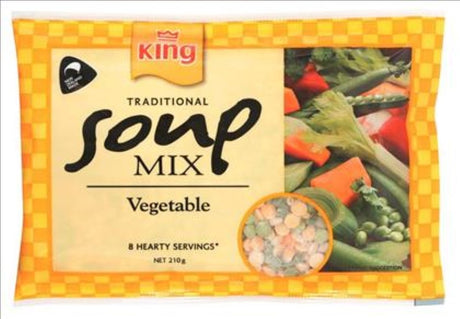 A 210g pack of King Traditional Soup Mix Vegetable, featuring a blend of nutritious veggies for easy homemade soup.