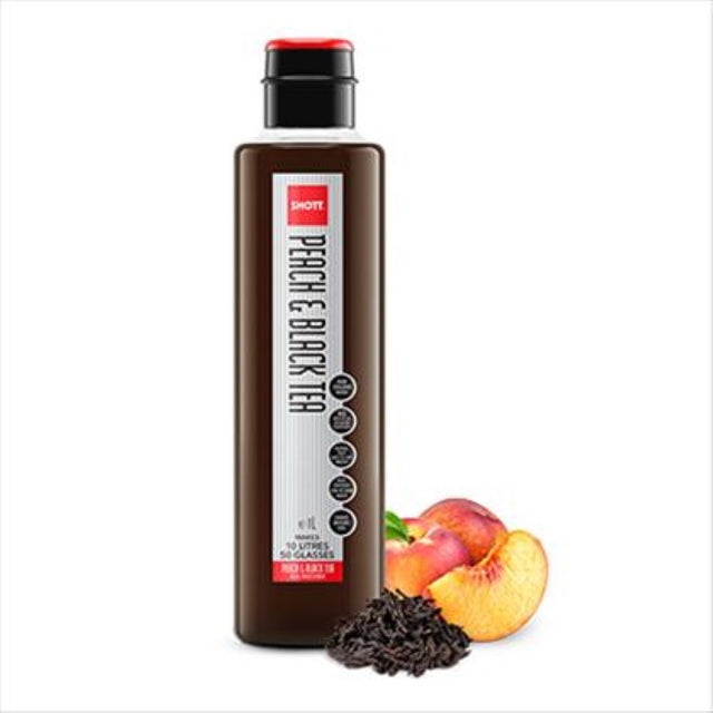 Natural peach and black tea syrup from SHOTT, 1L bottle, perfect for cocktails, teas, and desserts.