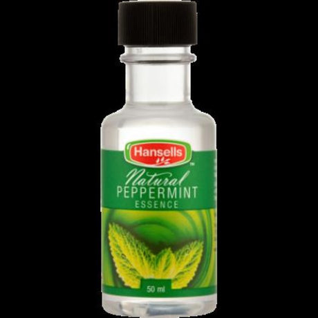 Clear 50ml bottle of Hansells Essence Peppermint, a flavor enhancer with the aroma of fresh peppermint oil for culinary use.