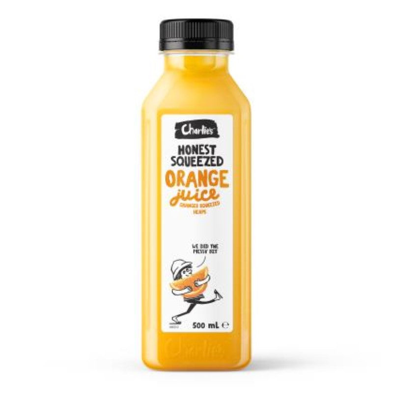 Charlie's Honest Orange Juice 12X500ML, refreshing and nutritious, made from Australian oranges, no added sugars.