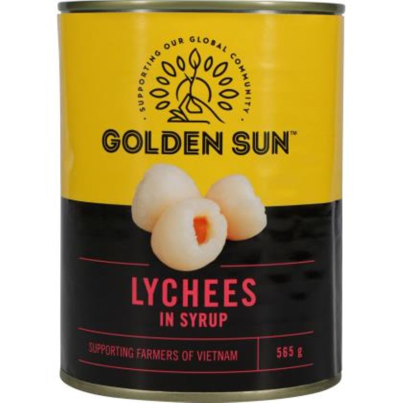 Whole lychees in a 565g pack from Golden Sun, showcasing plump, juicy fruit with a sweet, floral flavor.