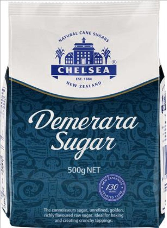 Golden crystals of Chelsea Sugar Demerara in a 500G pack, perfect for enhancing desserts and coffee with rich caramel flavor.