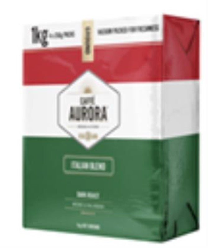 Premium 1kg pack of Aurora Italian ground coffee, featuring rich aroma and full-bodied flavor for delightful brews.