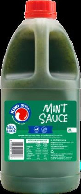 A 2L bottle of Kiwi Style Mint Sauce, showcasing its vibrant green color, perfect for roast lamb and marinades.