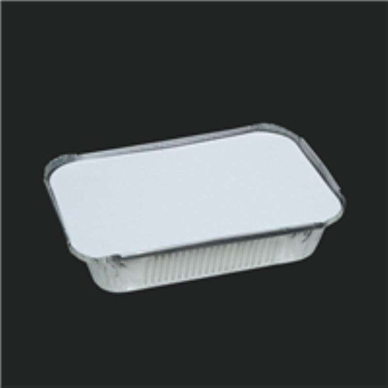 Medium rectangular aluminum foil tray with lid, ideal for catering and takeaways, made from recycled materials.