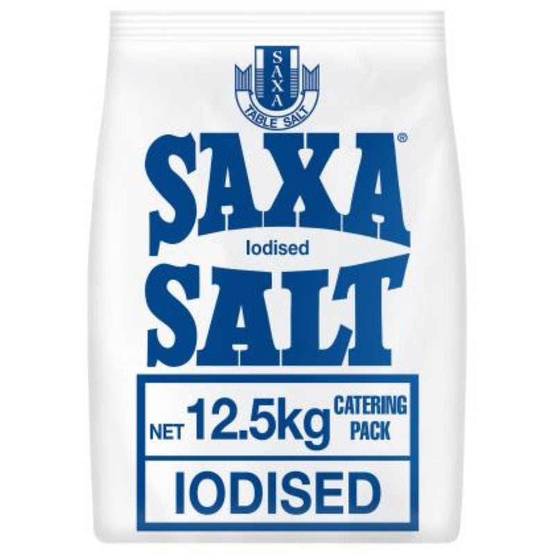 Saxa Iodised Salt 12.5KG pack, essential for restaurants and catering, enhances flavor and provides iodine for nutrition.