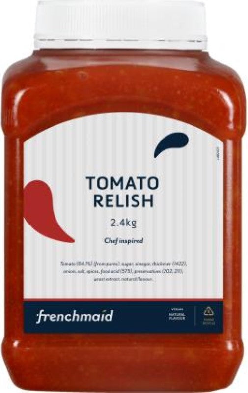 Rich Frenchmaid Tomato Relish in a 2.4KG jar, combining juicy tomatoes, onions, and spices for gourmet meals.