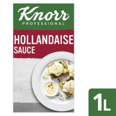 Gluten-free 1L Sauce Hollandaise by Knorr, offering a scratch-made flavor, vegetarian-friendly, and bain-marie stable.