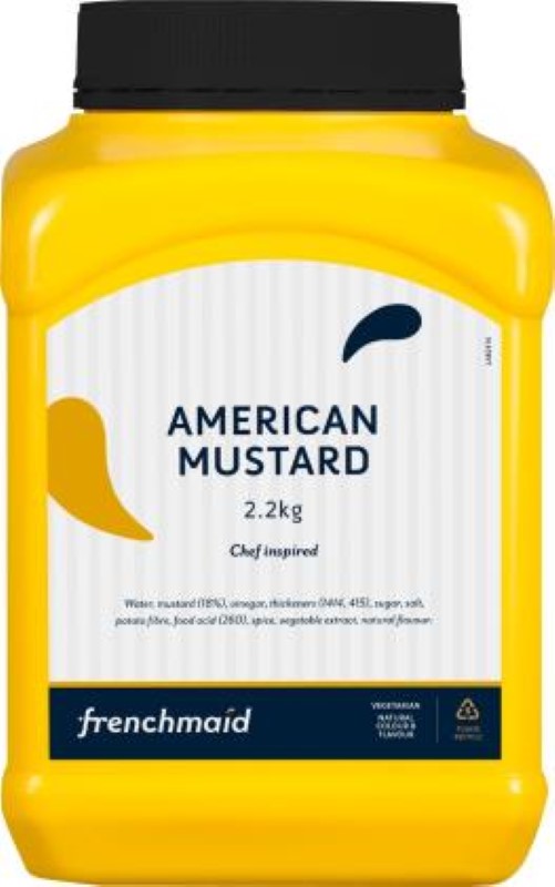 Creamy 2.2KG Frenchmaid American mustard, perfect for enhancing hot dogs, burgers, and sausages with rich flavor.