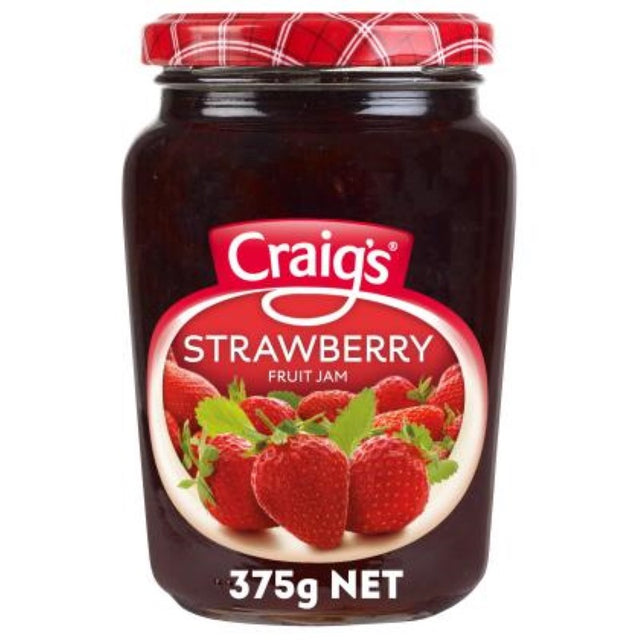 Luscious 375g jar of Craig's Strawberry Jam, capturing the sweet essence of New Zealand strawberries for spreading or baking.