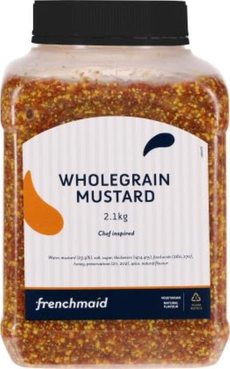 Rich wholegrain mustard in a 2.1kg jar, perfect for enhancing cold meats and cheeses with a robust flavor.