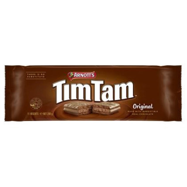 Arnott's Tim Tam Chocolate biscuits in a 200g pack, featuring layers of crunchy biscuit and rich chocolate coating.