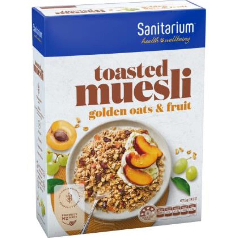 Toasted muesli with golden oats, cashews, seeds, and dried fruits in a 675g pack by Sanitarium, crafted in New Zealand.