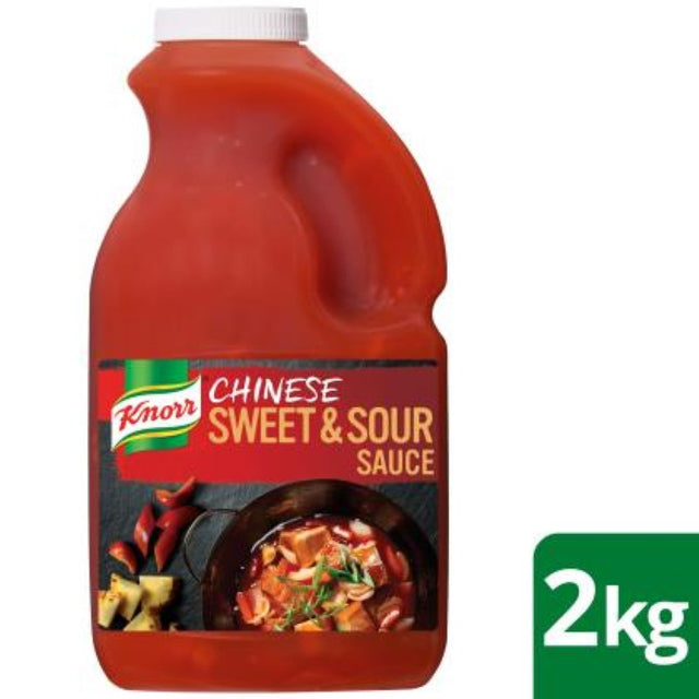 Knorr's gluten-free Chinese Sweet & Sour Sauce in a 2KG bottle, featuring pineapple and capsicums for versatile Asian dishes.