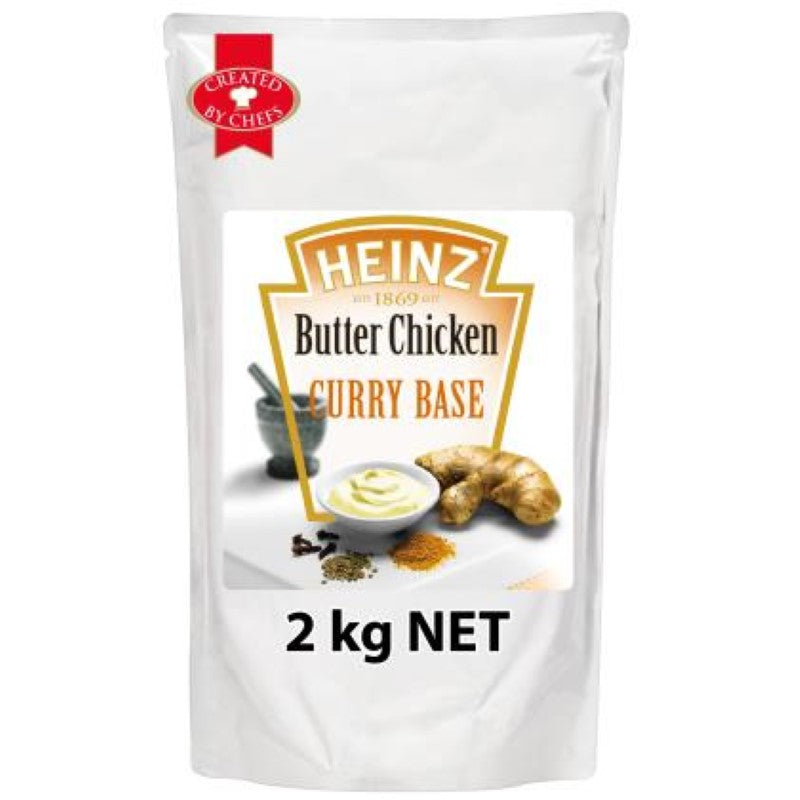 Creamy Heinz Butter Chicken Curry Sauce in a 2KG pack, perfect for catering and easy to prepare with chicken and vegetables.