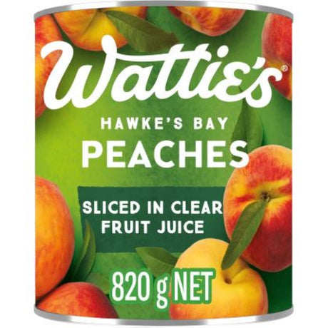 820g jar of Wattie's Peach Slices Clear Juice, showcasing natural New Zealand peach flavor for versatile culinary use.