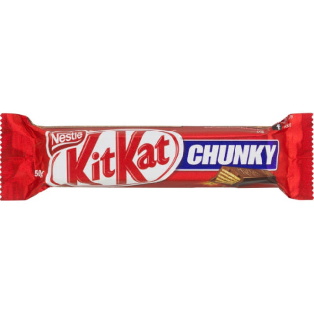 Chocolate Kit Kat Chunky 50g bars in a bulk pack of 36, featuring crispy wafer layers covered in smooth milk chocolate.