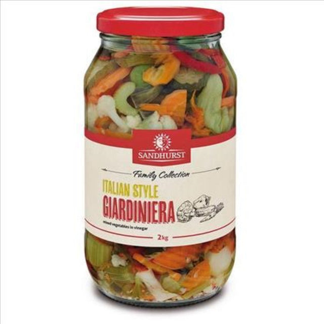 Giardiniera Pickled Vegetable Mix by Sandhurst, 2KG jar of seasonal veggies in tangy vinegar, perfect for Mediterranean dishes.