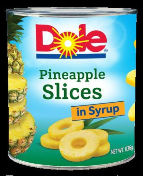 Dole Pineapple Slices in Syrup, 836g jar, featuring sweet, succulent pineapple perfect for desserts and cocktails.