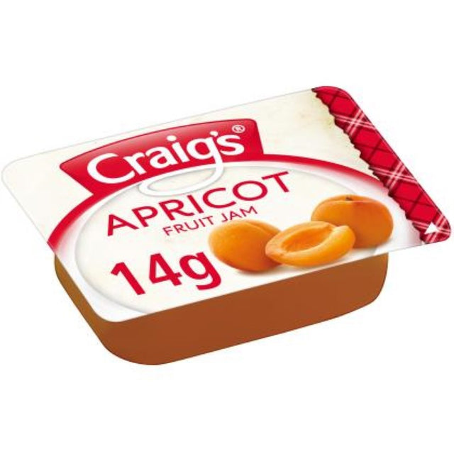 Single-serve 14g Craig's Apricot Jam, ideal for breakfast buffets, enhancing croissants and pancakes with fruity flavor.