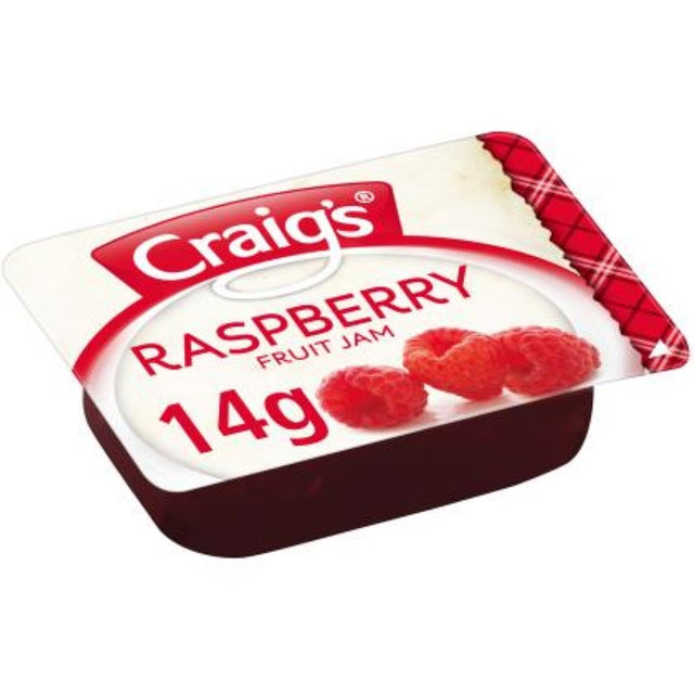 Raspberry jam from Craig's, featuring a smooth texture and tart flavor, perfect for toast and baked goods.