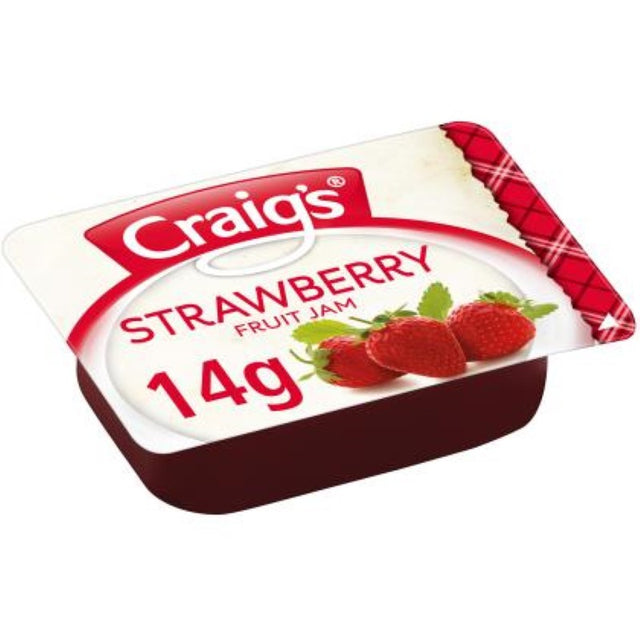 Single-serve portions of Craig's Strawberry Jam, perfect for spreading on breakfast treats like waffles and toast.