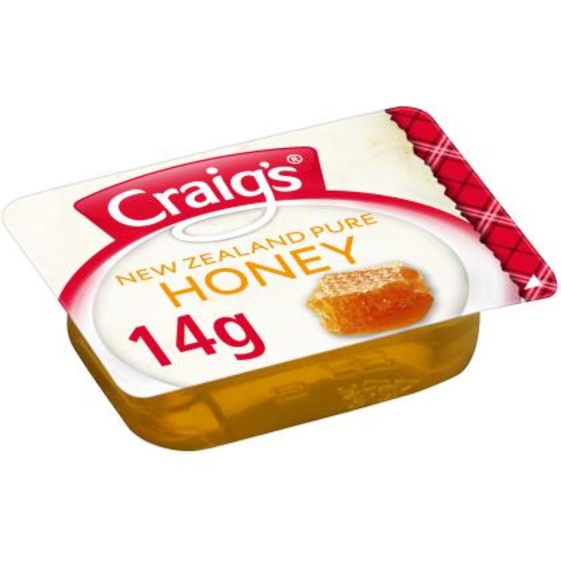 Tray of 14g honey portions from Craig's, perfect for breakfast; convenient, hygienic, and mess-free for sweetening meals.