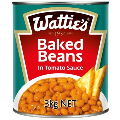 Wattie's 3KG Baked Beans in rich tomato sauce, perfect for hearty meals and a nutritious pantry staple.