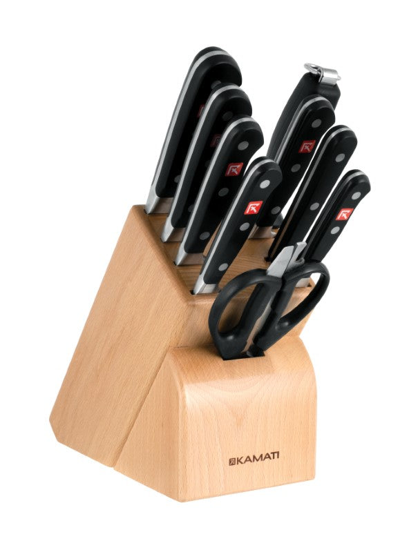 Kamati Classic 10 Piece Knife Block Set featuring premium stainless steel blades and ergonomic handles in a stylish wood block.