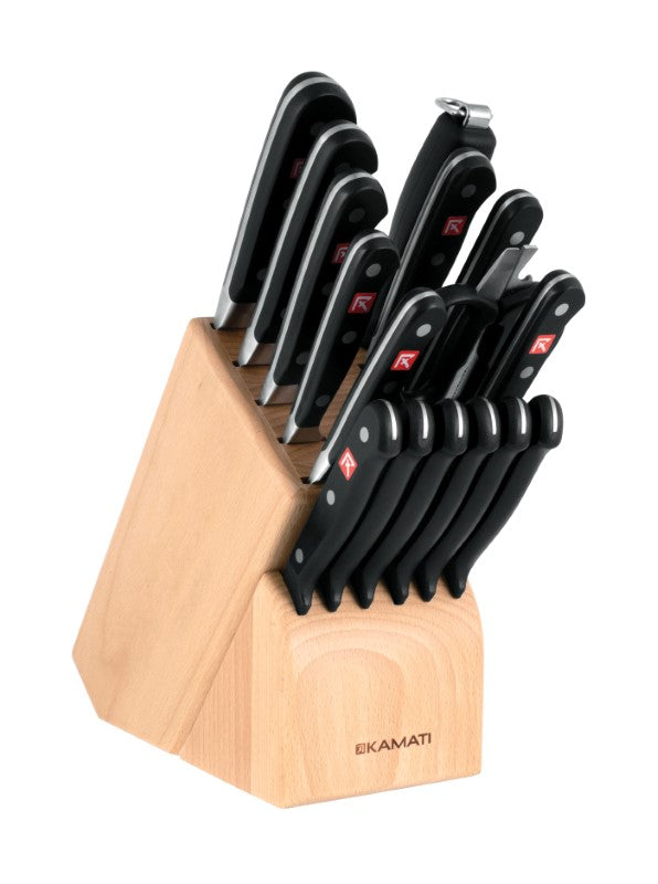 Kamati Classic 17 Piece Knife Block Set featuring high-quality stainless steel knives in a stylish wooden block for every culinary task.