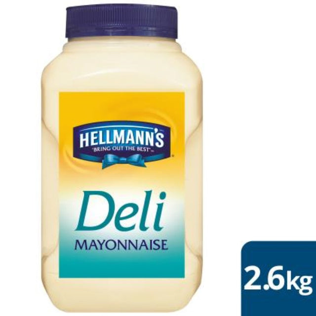 Hellmann's Deli Mayonnaise in a 2.6KG jar, featuring creamy texture and sweet-tangy flavor for sandwiches and salads.