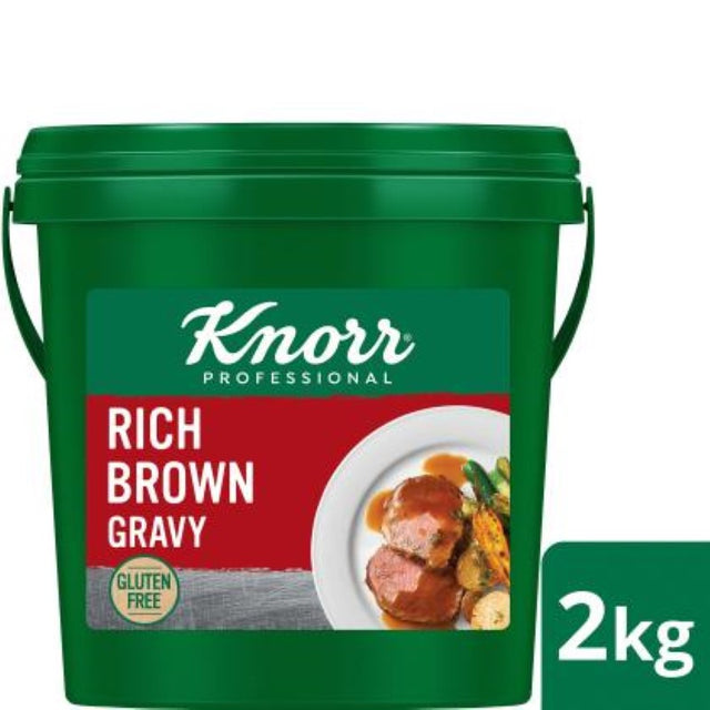 Rich brown gluten-free gravy mix in a 2KG pack, ideal for enhancing meals with a smooth, meaty flavor.