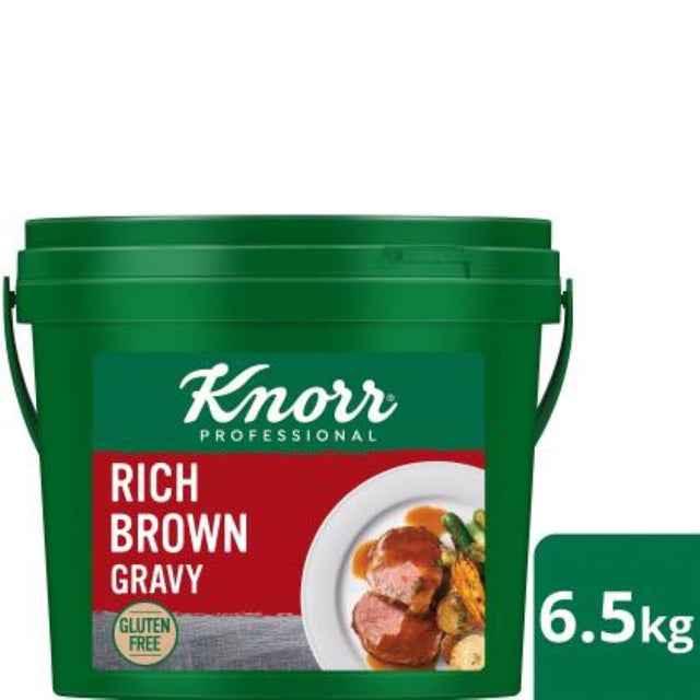 Knorr Gravy Rich Brown Gluten Free 6.5KG pack, featuring a smooth sauce with rich meaty flavor, ideal for various dishes.