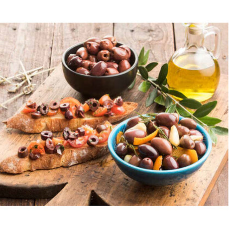 Whole Kalamata olives from Kalos, 2KG jar, featuring a rich flavor and dark purple hue for Mediterranean dishes.