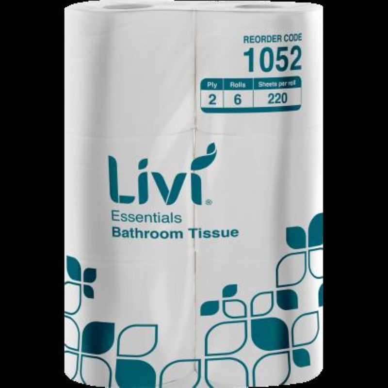 Livi 2-Ply Toilet Roll, 220 sheets per roll, 6-pack for soft, strong, eco-friendly bathroom comfort and convenience.