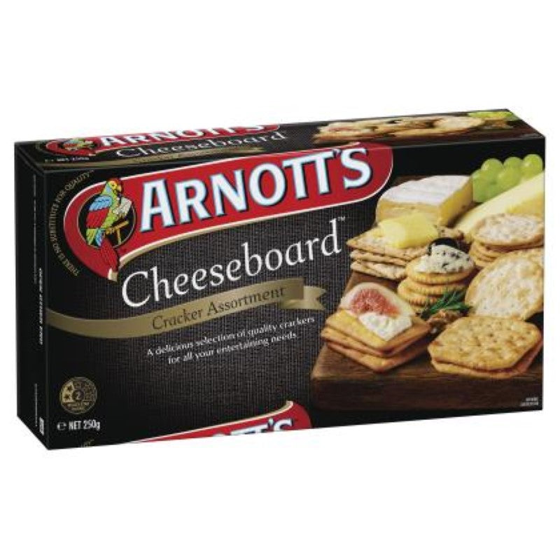 Assorted Arnott's crackers in a 250G pack, perfect for cheese boards or snacking, made in New Zealand.