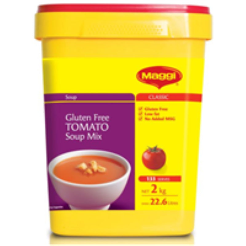 MAGGI Gluten Free Tomato Soup Mix in a 2KG pack, offering rich tomato flavor and easy preparation for delicious meals.